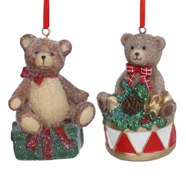 Julepynt med teddy på gave eller tromme - 10 cm (2 ass.)
